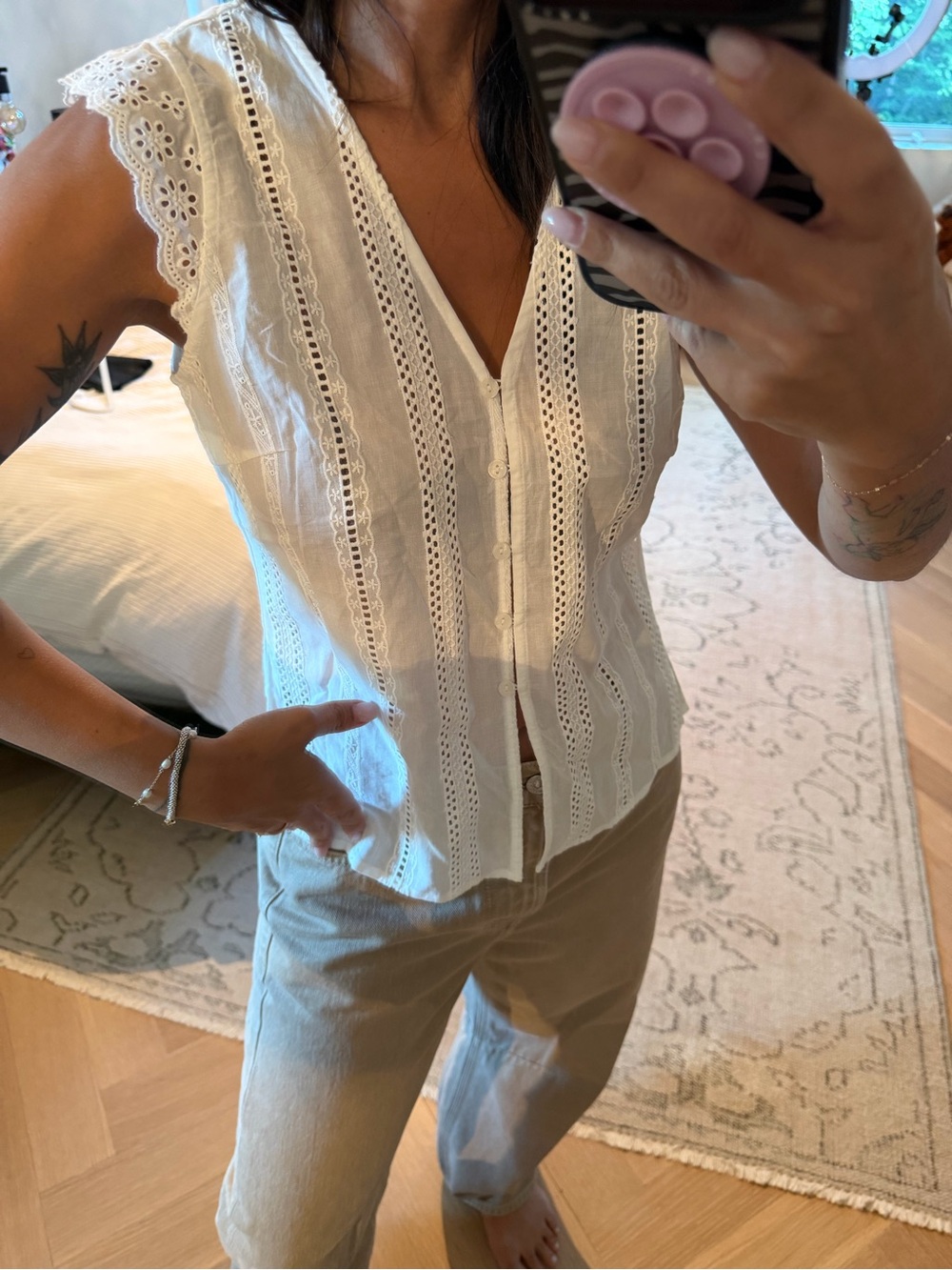 Women's White Eyelet Button Front Sleeveless Top